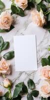 Ultra realistic greeting card mockup with elegant roses on marble background photo