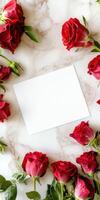 Elegant greeting card mockup with roses on marble background for special occasions photo