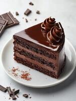 Decadent slice of dark chocolate cake on white plate for gourmet dessert ideas photo