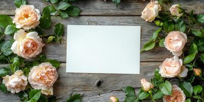 Blank white card surrounded by peach roses on rustic wooden background for floral design photo