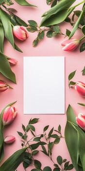 Elegant botanical flat lay with blank invitation card and pink tulips for event design photo