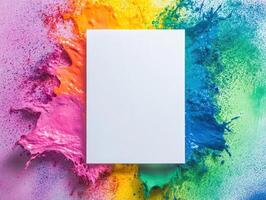 Vibrant and colorful greeting card mockup with abstract paint background for creative design photo