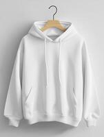Minimalist white hoodie on hanger design concept for fashion branding photo