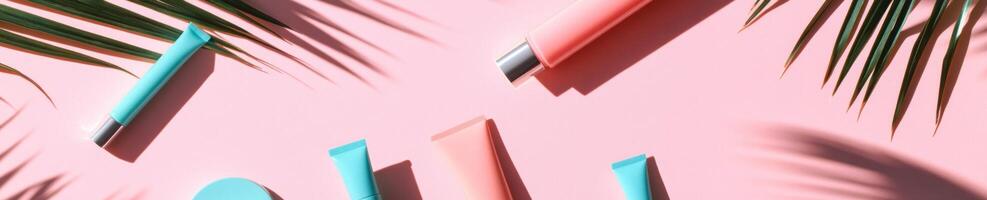 Sleek flat lay of sunscreen products on pink background for summer skincare inspiration photo