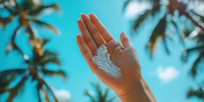 Sun protection and skin care concept with woman applying sunscreen under palm trees photo