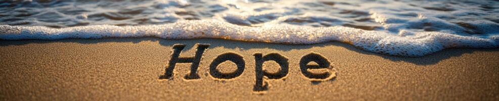 Inspirational message of hope written in golden sand by the seashore photo