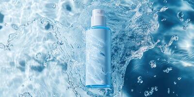 Dynamic water splash with refreshing bottle design for skincare and beauty concepts photo