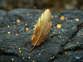 Elegant composition of a golden feather on dark stone surface for artistic designs photo
