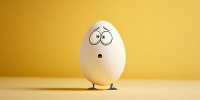 Surprised egg with funny expression on yellow background for creative design photo