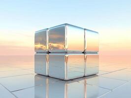 Futuristic metallic cube floating on reflective surface at sunset for modern design concepts photo