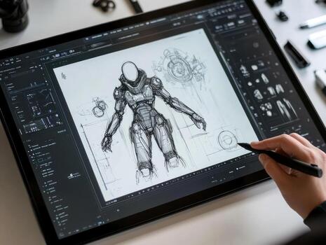 Ai assisted digital sketching for designers. Futuristic robot concept art photo