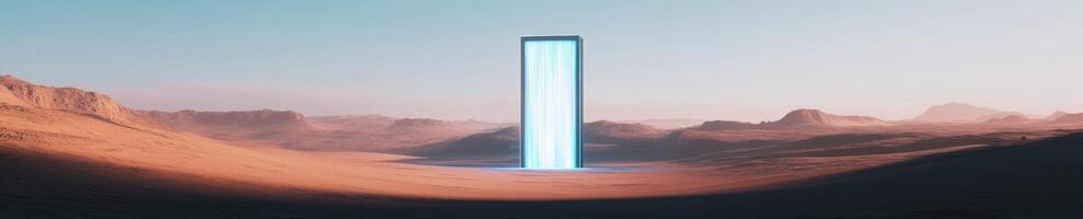 Otherworldly portal in a desert landscape with massive energy beam photo