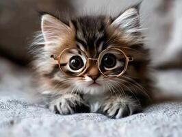 Playful fluffy cat with oversized glasses on cozy blanket photo