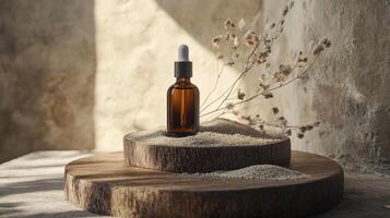 Elegant serum bottle on textured wooden surface with natural light and dried flowers photo