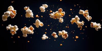 Popcorn explosion captured mid air against dark background for creative design photo