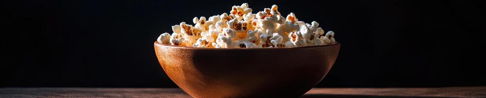 Dark moody food setup featuring a wooden bowl of popcorn photo