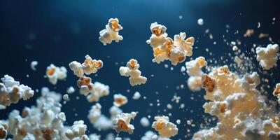 Dynamic popcorn burst on dark navy background for snack and cinema themes photo