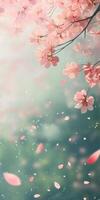 Elegant spring bloom. Vertical view of sakura branch with blossoms falling photo