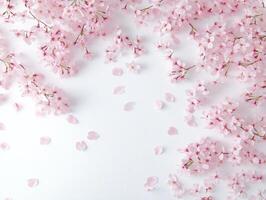 Minimalist flat lay of delicate pink sakura petals on white background photo