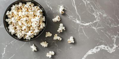 Lightly salted popcorn bowl on marble surface. High angle view perfect for snack time designs photo
