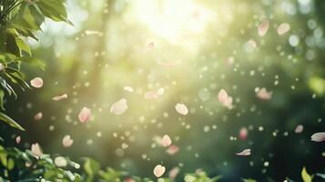 Enchanting cherry blossom petals floating gracefully in sunlit springtime photo