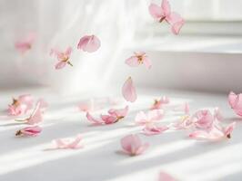 Minimalist composition of falling pink sakura petals on light background for peaceful design photo