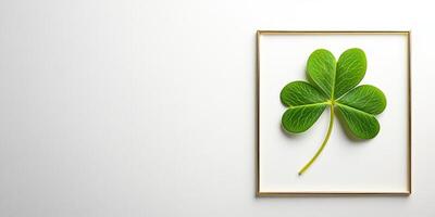 Minimalist St. Patricks day design with shamrock display in gold frame photo