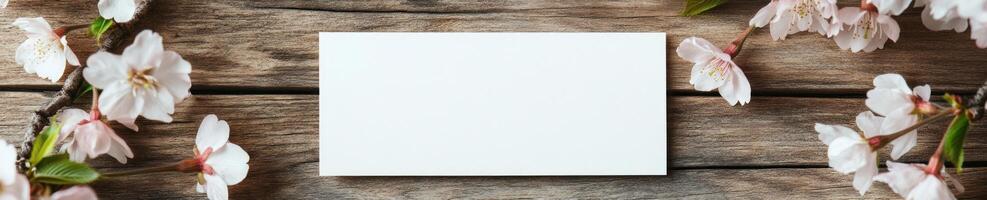 Sakura themed greeting card mock up on rustic wood background for spring design inspiration photo