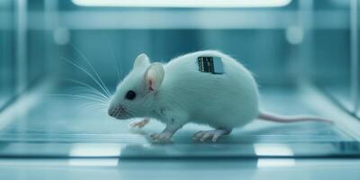 Medical research concept of white mouse with microchip for laboratory study photo