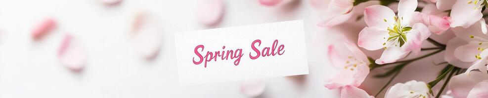 Spring sale flyer with floating cherry blossoms for seasonal promotions photo