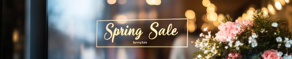 Elegant boutique window display featuring spring sale sign and floral arrangement photo