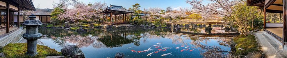 Tranquil Japanese courtyard with koi pond and cherry blossoms photo