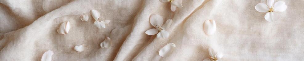 Minimalist flat lay of scattered sakura blossoms on textured fabric background photo