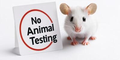 Ethical debate on scientific testing. White mouse beside no animal testing sign photo