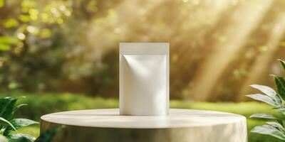 Hyper realistic studio mockup of a sleek white standing pouch design in natural sunlight setting photo