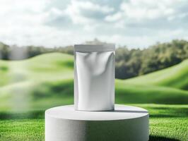 Minimalist display of unbranded product on pedestal in serene outdoor setting photo