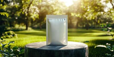 Hyper realistic mockup of sleek white packaging bag in sunlit outdoor setting photo