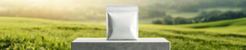 Professional mockup of plain white protein bag on concrete stand with nature background for branding and packaging design photo