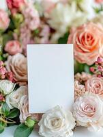 Elegant floral arrangement with white card for wedding invitations and event decor photo