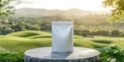 Hyper realistic design mockup of a sleek white product package in nature setting photo