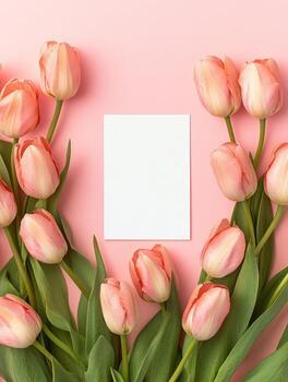 Delicate tulip arrangement with blank white card on pastel background for greeting design photo