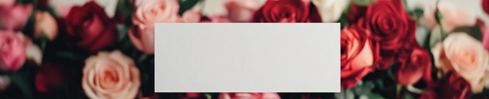 Blank white card with colorful roses background for romantic celebration or invitation design photo