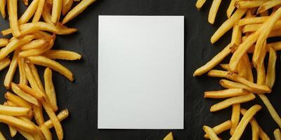 Blank white card surrounded by french fries on black background photo