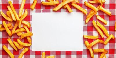 High energy flat lay with blank white sheet on red gingham with french fries for culinary design photo