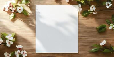 Blank white paper on wooden table surrounded by cherry blossoms for creative design photo