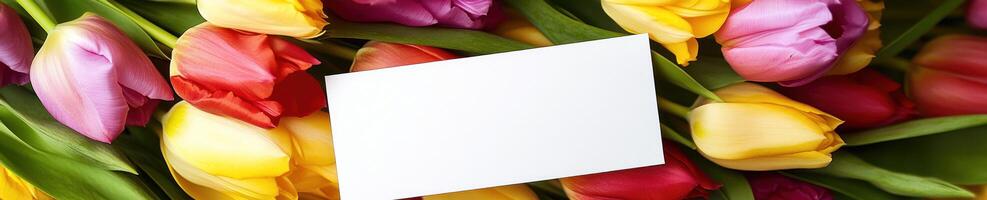 Ultra realistic white blank card on colorful tulip background for greeting design photo