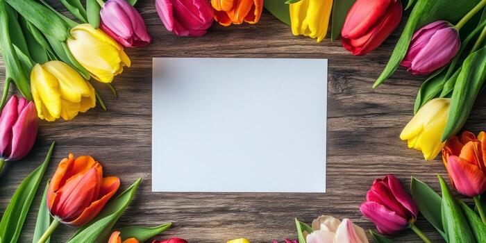 Blank white card surrounded by colorful tulips on wooden background for greeting card design photo
