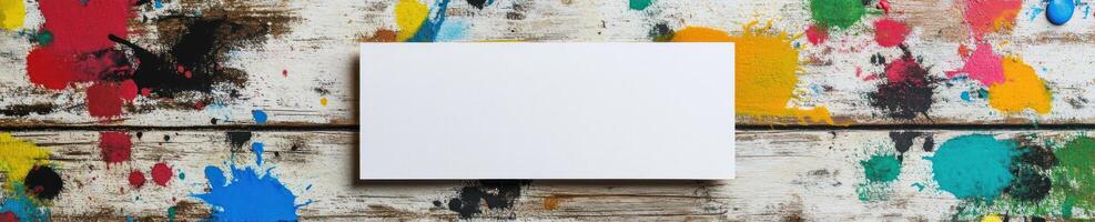 Minimalist blank canvas on vibrant paint splattered wooden background for creative designs photo