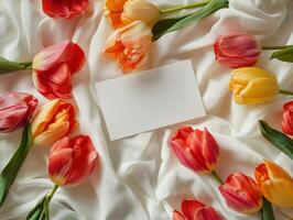 Top view of an empty white card surrounded by colorful tulips on white fabric background for floral greeting design photo