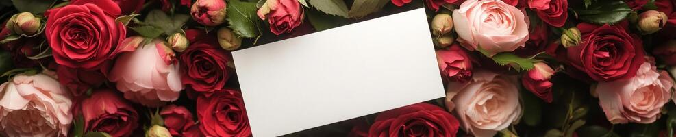Ultra realistic white blank card amidst vibrant roses for romantic celebration and floral design photo